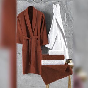 Набор махровых халатов мужской и женский , 2 лицевых и два банных полотенца " Brown and White Турция Vinessa