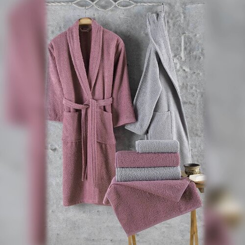 Набор махровых халатов мужской и женский , 2 лицевых и два банных полотенца " Pink and Grey Турция Vinessa