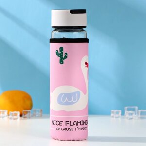 Бутылка для воды стеклянная с ручкой в чехле 'Фламинго'500 мл, h23,5 см, рисунок МИКС