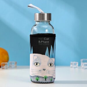 Бутылка для воды стеклянная в чехле 'Хитрый котик'300 мл, h17 см, рисунок МИКС