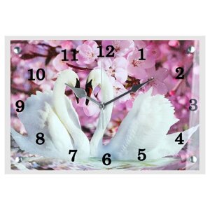 Часы-картина настенные, серия Животный мир, Два лебедя, сиреневые цветы'25х35 см