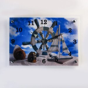 Часы настенные, серия Море, Штурвал и яхта на песке'25х35 см