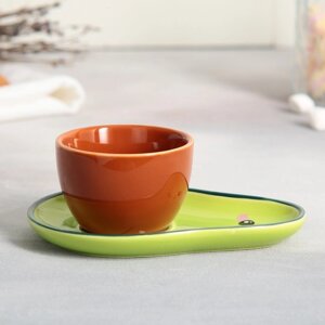 Чайная пара керамическая 'Авокотя'кружка 100 мл, блюдце 14х10 см, цвет зелёный-коричневый