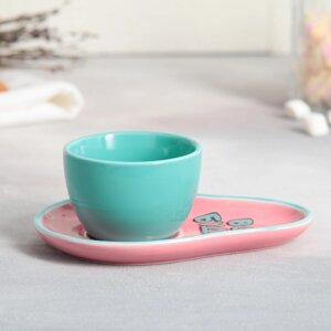Чайная пара керамическая 'Все будет 'кружка 100 мл, блюдце 14х10 см, цвет голубой-розовый