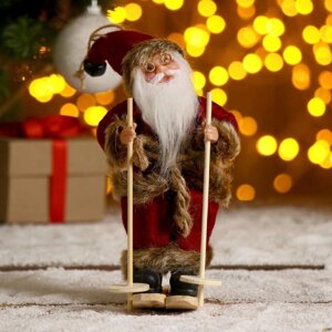 Дед Мороз 'На лыжах' в бордовом костюме, 17 см