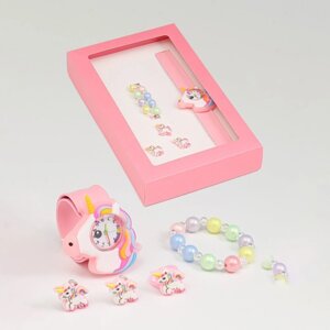 Детский подарочный набор для девочек 'Единорог' 6 в 1 наручные часы, браслет, кольцо, клипсы 718296