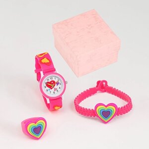 Детский подарочный набор для девочек 'Сердечко' 3 в 1 наручные часы, браслет, кольцо