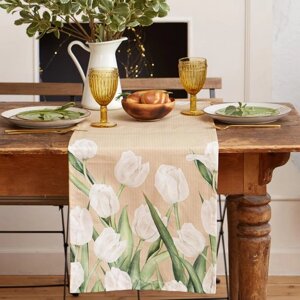 Дорожка на стол 'Этель' Белые тюльпаны 40х149см, 100 хл, саржа 190 г/м2