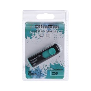 Флешка OltraMax 250, 8 Гб, USB2.0, чт до 15 Мб/с, зап до 8 Мб/с, бирюзовая