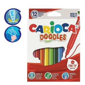 Фломастеры 12 цветов Carioca Doodles, 2.2 мм, супер-яркие, смываемые, картон, европодвес