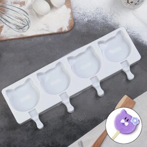 Форма для мороженого 'Коты'силикон, 38x14,5x2,5 см, 4 ячейки, цвет белый