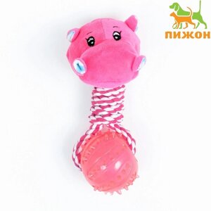 Игрушка для собак 3-в-1 'Бегемот' канатная, мягкая с пищалкой, мяч TPR, 20 см, розовая