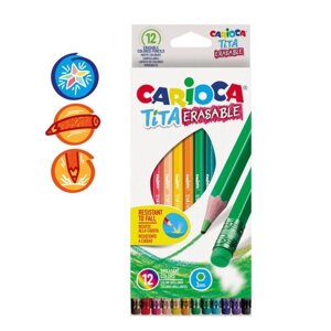 Карандаши 12 цветов Carioca 'Tita Erasable'стираемые, яркий грифель 3.0 мм, шестигранные, пластиковые, картон,