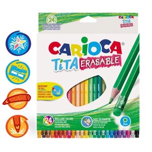 Карандаши 24 цвета Carioca 'Tita Erasable'стираемые, 3.0 мм, шестигранные, пластиковые, с ластиком, картон, европодвес