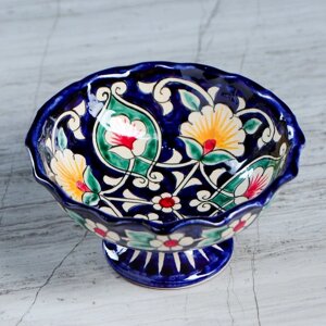 Конфетница Риштанская Керамика 'Цветы'13 см, синяя
