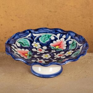 Конфетница Риштанская Керамика 'Цветы'16 см, синяя