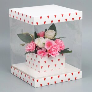 Коробка подарочная для цветов с вазой и PVC окнами складная, упаковка, Сердца'23 х 30 х 23 см