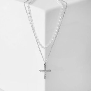 Кулон 'Цепь' нить из жемчуга, крестик плавный, цвет белый в серебре, 35 см
