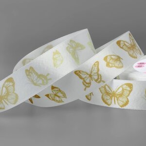 Лента атласная 'Золотые бабочки'25 мм, 23 1 м, цвет белый