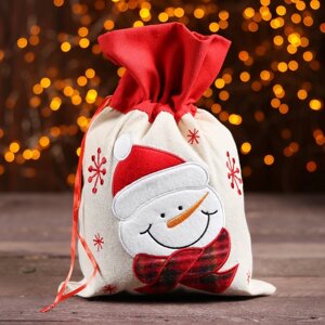 Мешок для подарков 'Снеговичок и снежинки'на завязках, 29 x 22 см