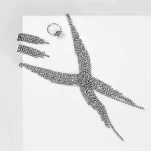 Набор 3 предмета серьги, колье, кольцо 'Водопад' крылья, цвет белый в серебре