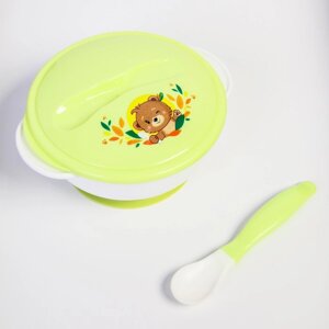 Набор детской посуды 'Друзья'3 предмета тарелка на присоске, крышка, ложка, цвет зелёный