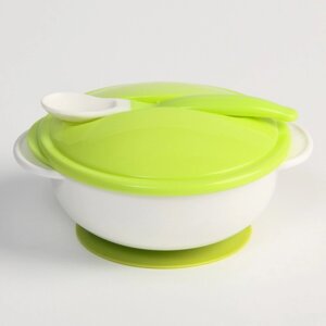Набор детской посуды миска на присоске 400мл., с крышкой, ложка, цвет белый/зеленый