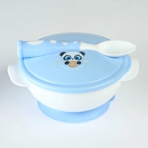 Набор детской посуды 'Сладкий малыш'3 предмета тарелка на присоске, крышка, ложка, цвет голубой