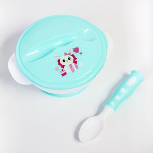 Набор детской посуды 'Зайчик'3 предмета тарелка на присоске, крышка, ложка, цвет бирюзовый