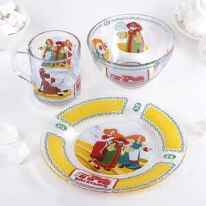Набор детской стеклянной посуды 'Три богатыря. Царевны'3 предмета тарелка d19,7 см, салатник d13 см, кружка 300 мл