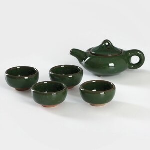 Набор для чайной церемонии керамический 'Лунный камень'5 предметов 4 пиалы, чайник, цвет зелёный