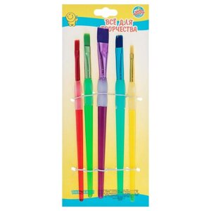Набор кистей нейлон 5 штук, с цветными ручками, с резиновыми держателями