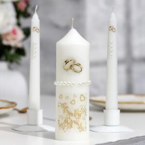 Набор свадебных свечей с бусинами 'Обручальные кольца'белый, ручная работа, микс