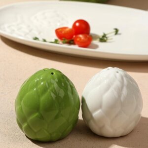 Перечница и солонка из керамики 'Артишок'белая и зеленая 6 х 6.5 см, цвет белый-зелёный