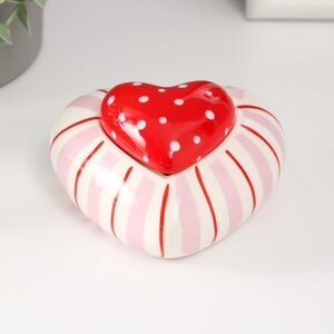 Шкатулка керамика 'Красное сердце в горошек, полосатое' 10,2х10х5 см