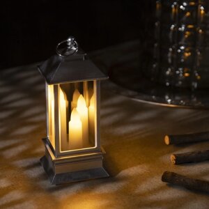 Светодиодная фигура 'Серебристый фонарь со свечками' 5.5 x 13 x 5.5 см, пластик, батарейки AG13х3, свечение тёплое белое