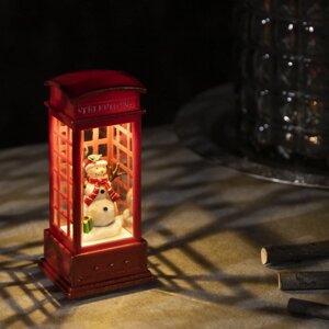 Светодиодная фигура 'Снеговик в телефонной будке' 5.3 x 12 x 5.3 см, пластик, батарейки AG13х3, свечение тёплое белое
