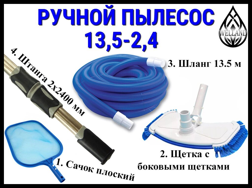 Комплект ручной пылесос 13,5-2,4 для ухода за бассейном (Сачок, щетка, шланг 13,5 м., штанга 2x2400 мм.) от компании Welland - фото 1