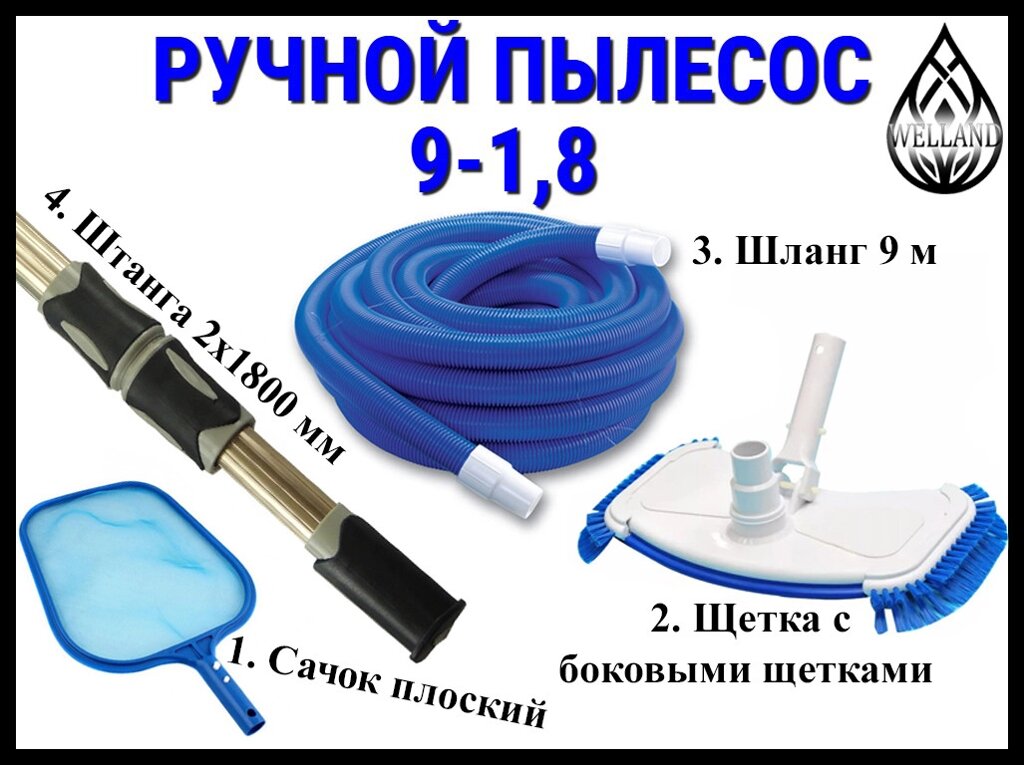 Комплект ручной пылесос 9-1,8 для ухода за бассейном (Сачок, щетка, шланг 9 м., штанга 2x1800 мм.) от компании Welland - фото 1