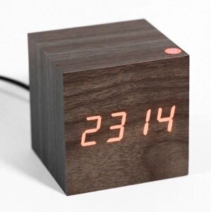 Часы электронные «деревянные» с термометром LED Wooden CUBE (Коричневый с красной подсветкой)