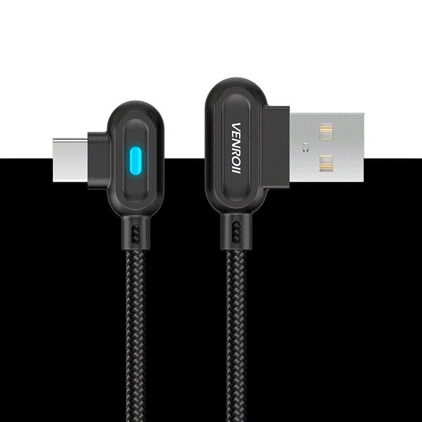 Кабель USB Type-C 2.4 А QC 90° со светодиодной подсветкой для быстрой зарядки VENROII (Черный / 1 метр) от компании SHOPPE • Лучшее – себе. - фото 1