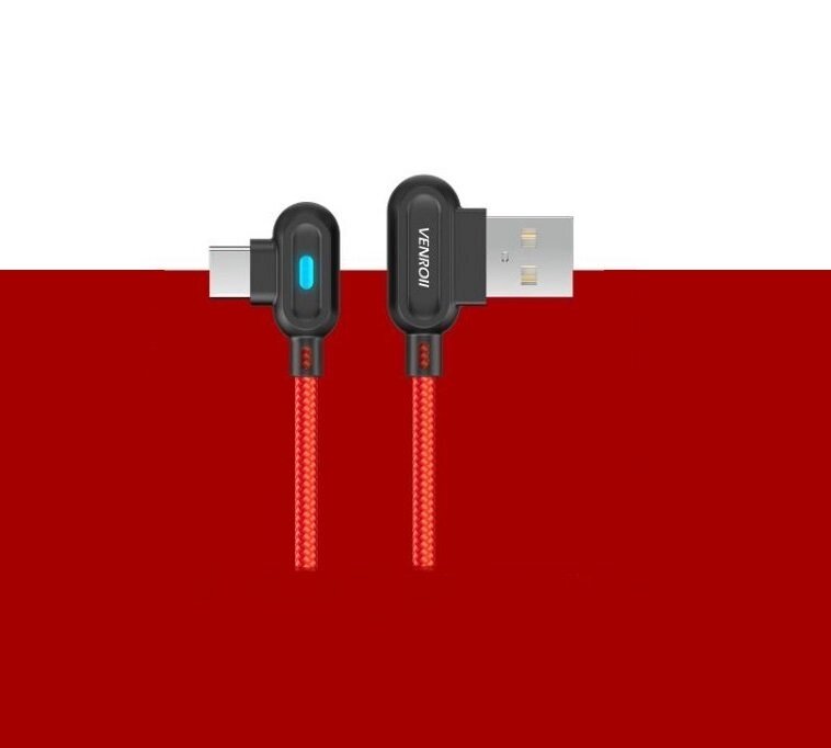 Кабель USB Type-C 2.4 А QC 90° со светодиодной подсветкой для быстрой зарядки VENROII (Красный / 1 метр) от компании SHOPPE • Лучшее – себе. - фото 1