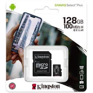 Карта памяти microSD 100MB/s A1 Kingston CANVAS Select Plus с переходником (128Gb U1)