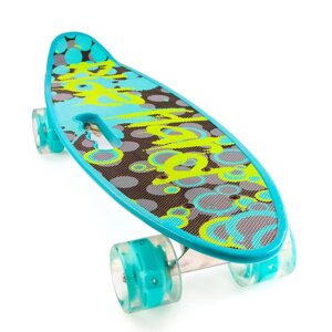 Скейт Penny Board {Пенни Борд} с подсветкой колёс на алюминиевой платформе (Голубой / С принтом)