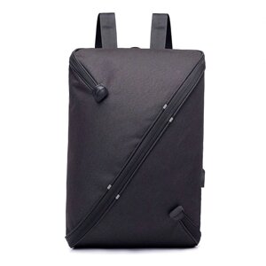 Рюкзак тонкий городской водонепроницаемый с косой молнией UNO и выходом USB (Черный)