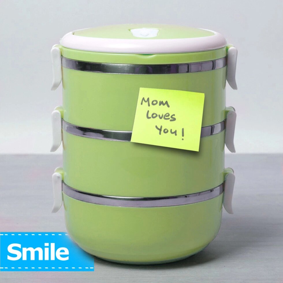 Термос многоярусный для домашних обедов Lunch Box Smile KM-212x (Зеленый / 3 секции) от компании SHOPPE • Лучшее – себе. - фото 1