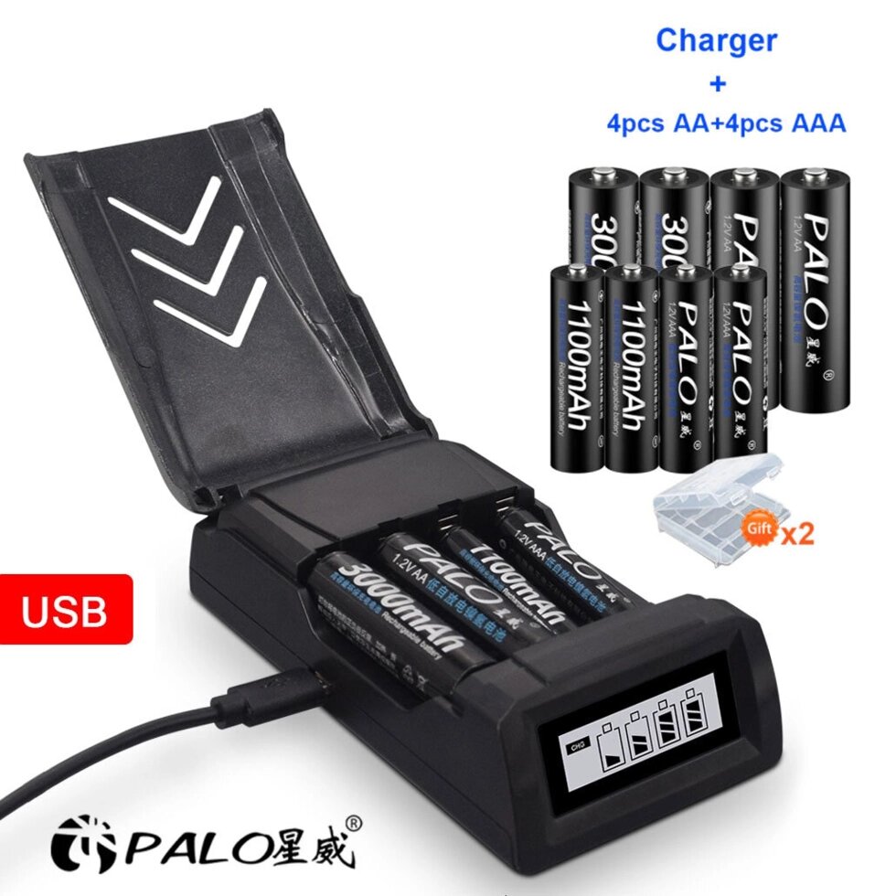 Зарядное устройство PALO NC555 с питанием от USB + комплект Ni-MH аккумуляторов (4AA + 4AAA) от компании SHOPPE • Лучшее – себе. - фото 1