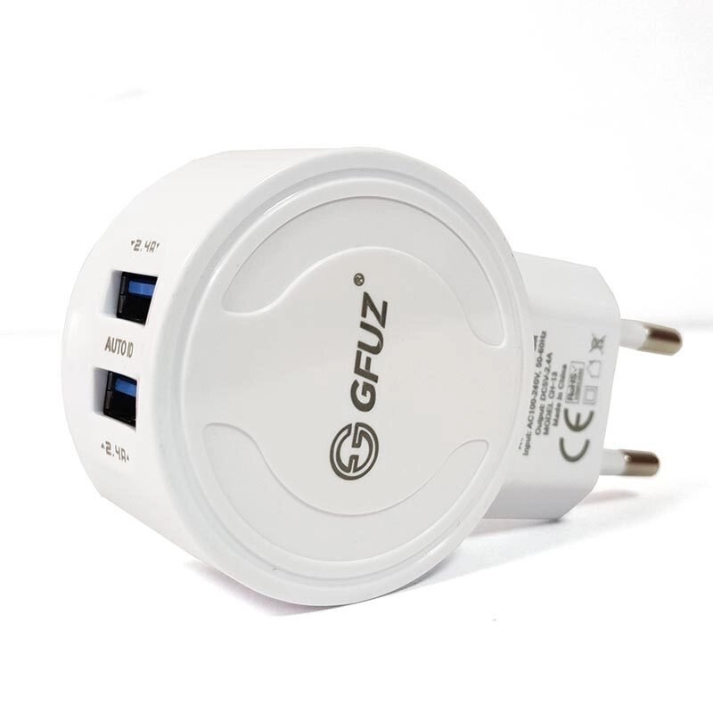 Зарядное устройство сетевое с 2-мя портами и кабелем USB GFUZ {2,4A; Fast Charging} (с разъемом Apple Lightning) от компании SHOPPE • Лучшее – себе. - фото 1