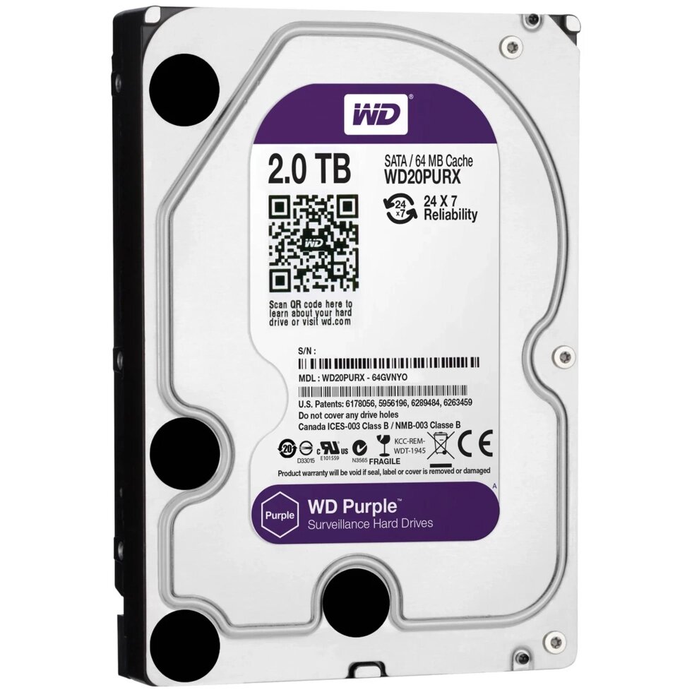 Жесткий диск WD Purple 2 TB PURX, Объем 1000 ГБ, 7200 об/мин от компании САЙКОМ - фото 1