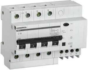 Выключатель автоматический дифференциального тока Generica АД14 16А 30мА С 4п
